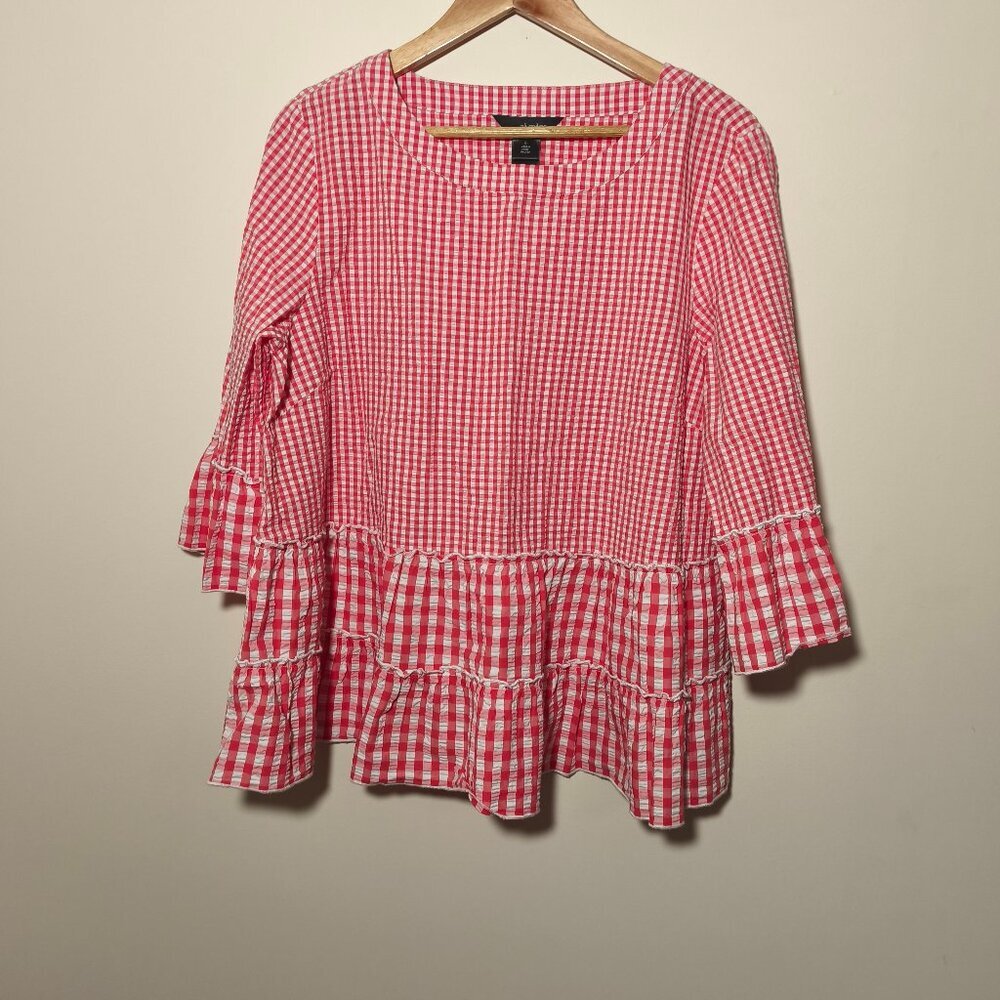 Ali Miles Ruffle Gingham Tunic Top sz L Red White USA Coastal Chic Farmhouse